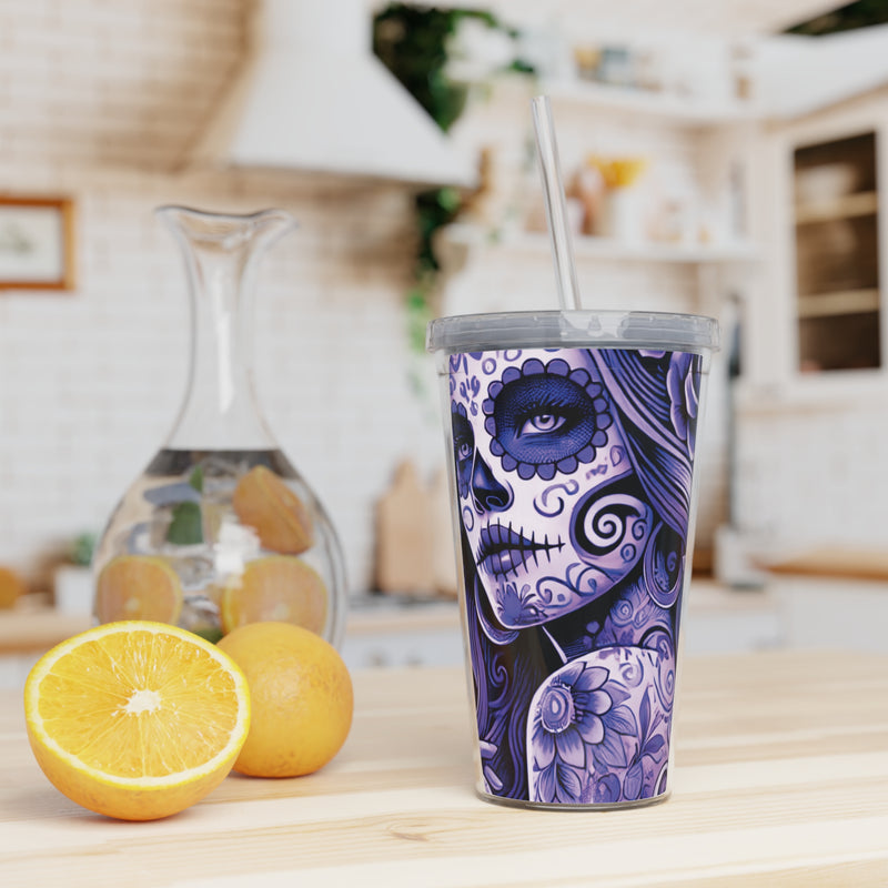 Tattoo-Inspired Plastic Tumbler with Straw