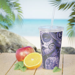 Tattoo-Inspired Plastic Tumbler with Straw